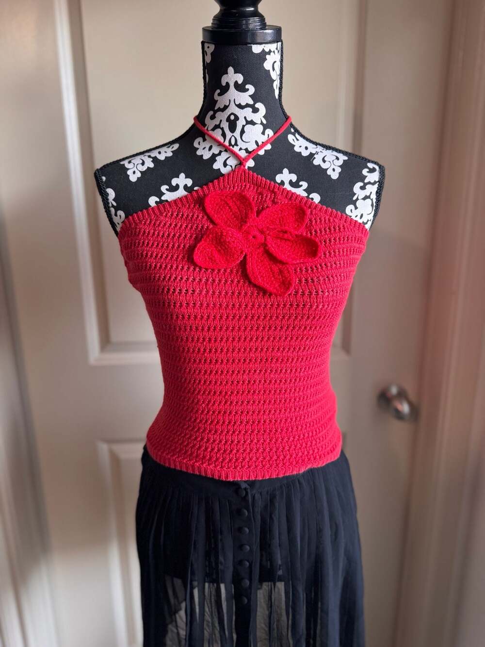 100% cotton Red Crochet Halter Top with 3D Flower and Tassels